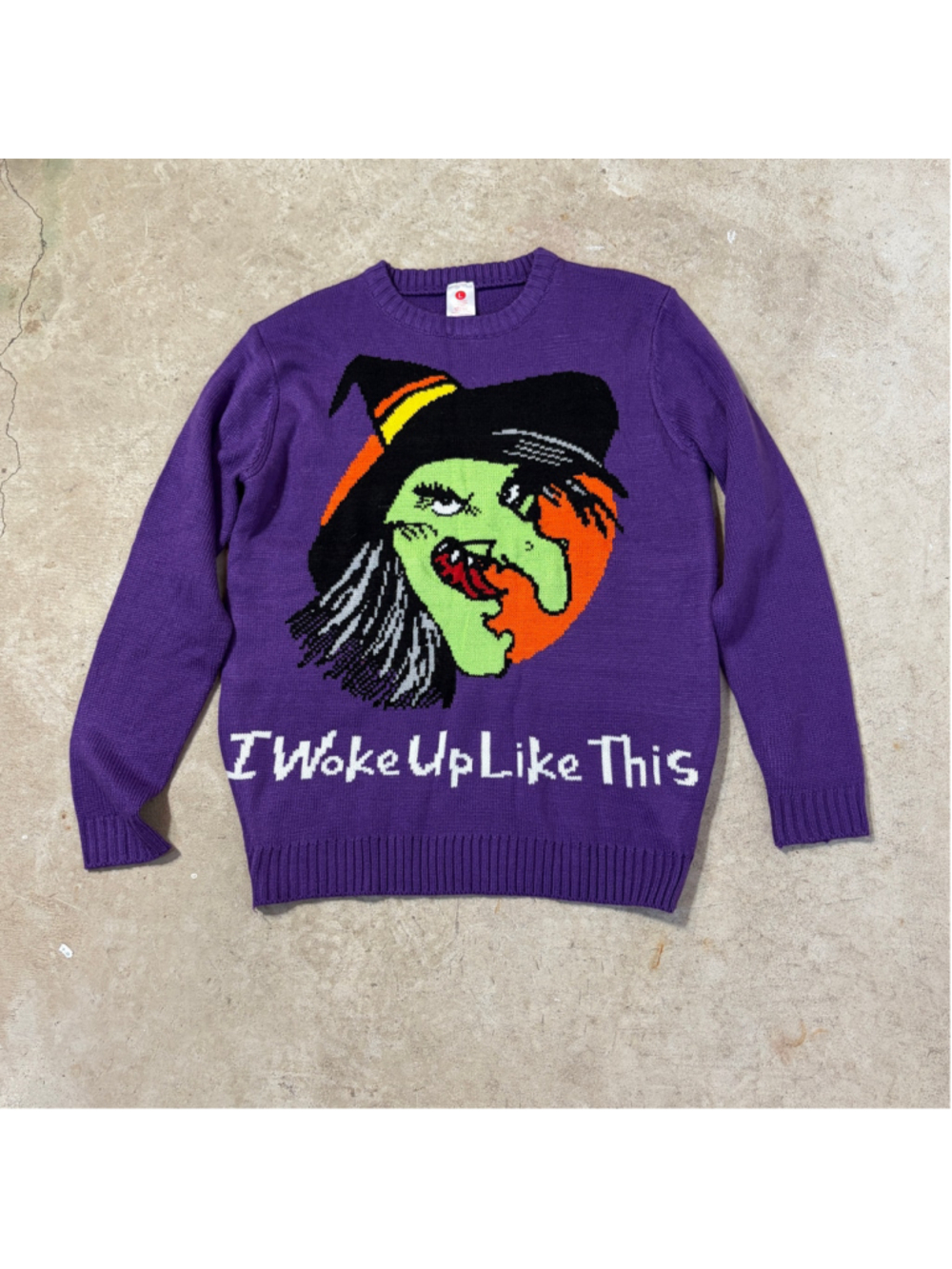 Purple Halloween Witch Knit Sweater Graphic "I Woke Up Like This" Size Large